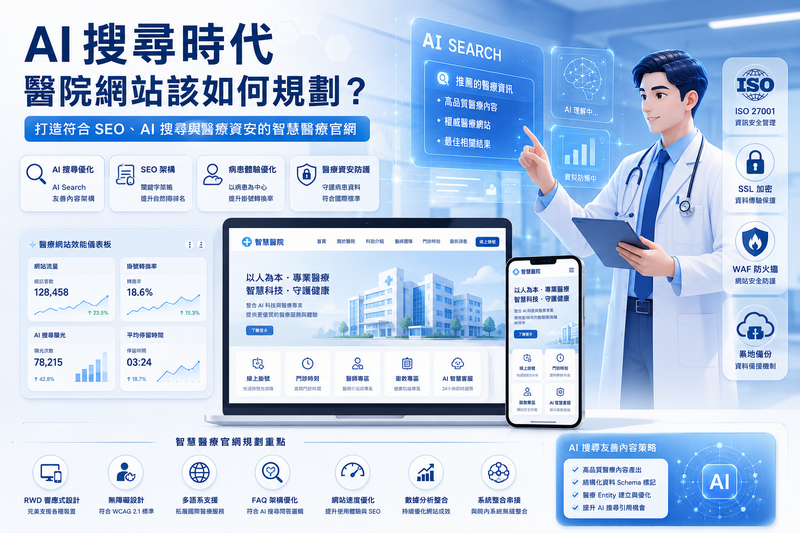 AI搜尋時代醫院網站該如何規劃, 醫院網站如何提升掛號率,醫療網站SEO怎麼做, 醫院網站AI搜尋優化,大型醫院網站需要哪些功能, 醫院網站改版注意事項