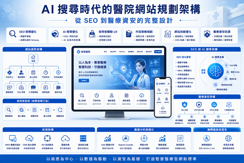 AI搜尋時代醫院網站該如何規劃, 醫院網站如何提升掛號率,醫療網站SEO怎麼做, 醫院網站AI搜尋優化,大型醫院網站需要哪些功能, 醫院網站改版注意事項