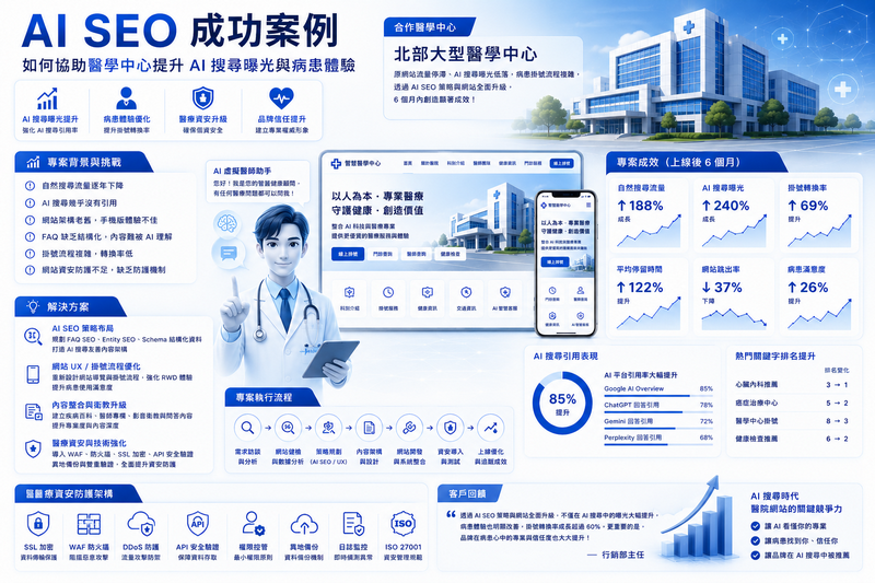 AI搜尋友善網站, 醫院網站改版, 醫療網站UX,醫院AI客服, 醫療網站無障礙設計,醫療網站資安, 醫院RWD網站設計,FAQ SEO, Entity SEO, 醫療網站開發