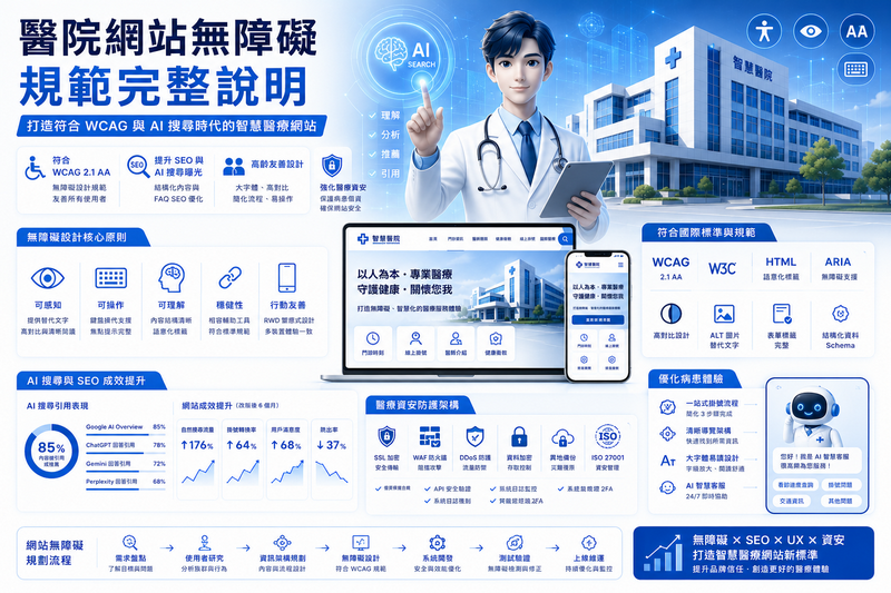 WCAG 2.1 AA, 醫院網站SEO, AI搜尋友善網站,高齡友善網站設計, 醫療網站資安,醫院網站改版, 醫院RWD網站設計,FAQ SEO, Entity SEO, 醫療網站開發